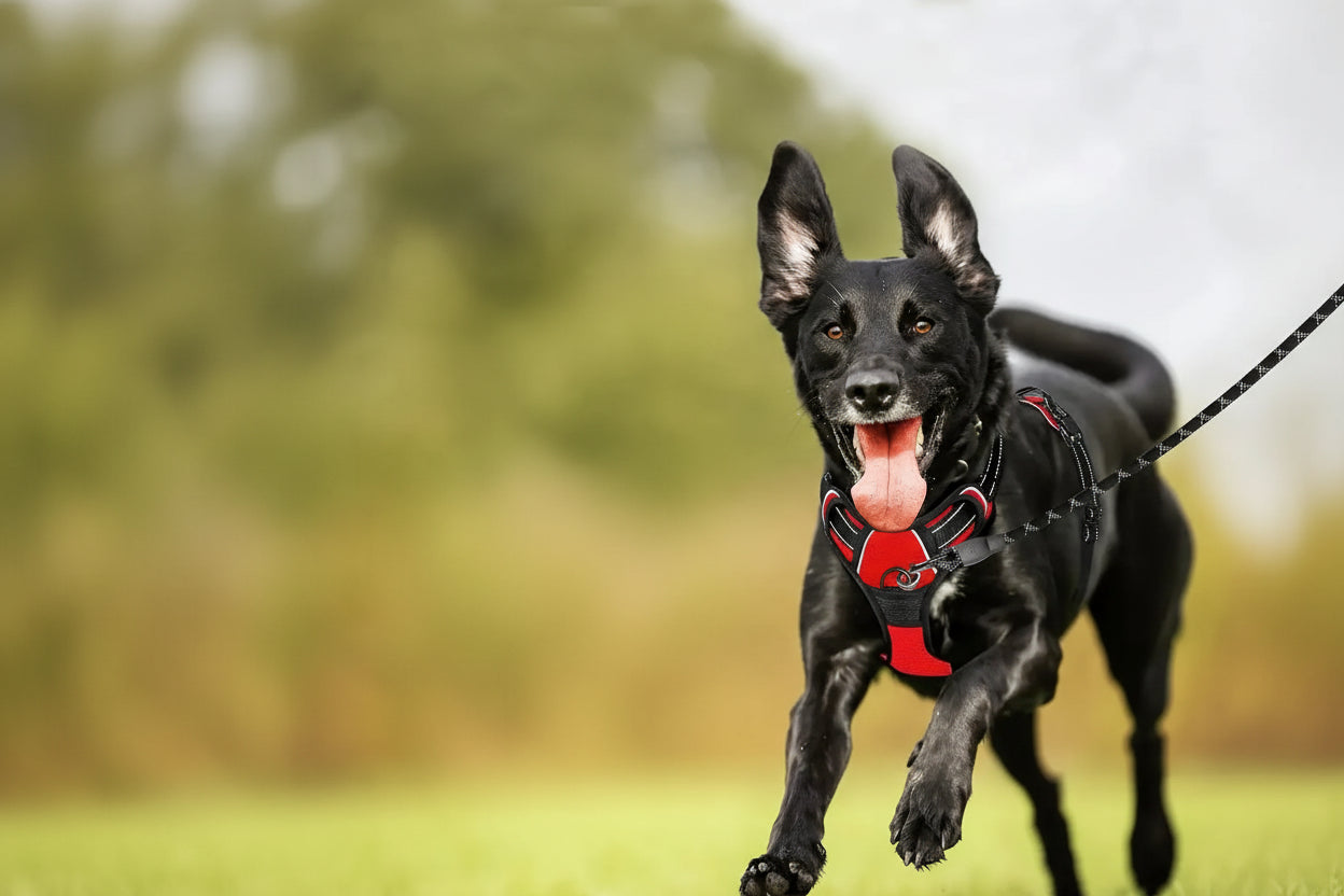 Cachorro feliz com peitoral ajustável e guia segura em passeio urbano
