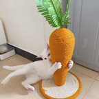 Arranhador cenoura posicionado em sala de estar, integrando decoração e funcionalidade para gatos