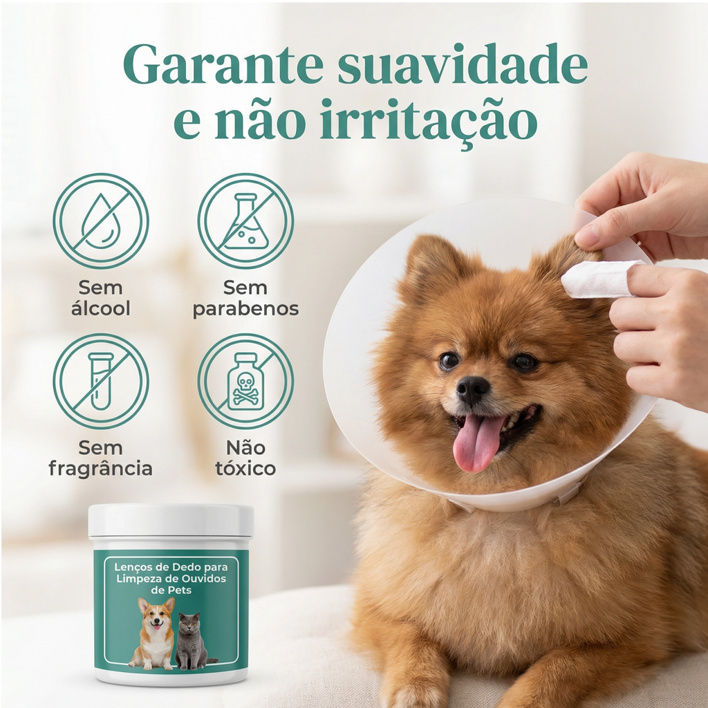 Detalhe do lenço umedecido para limpeza dos ouvidos, textura macia ideal para pets sensíveis