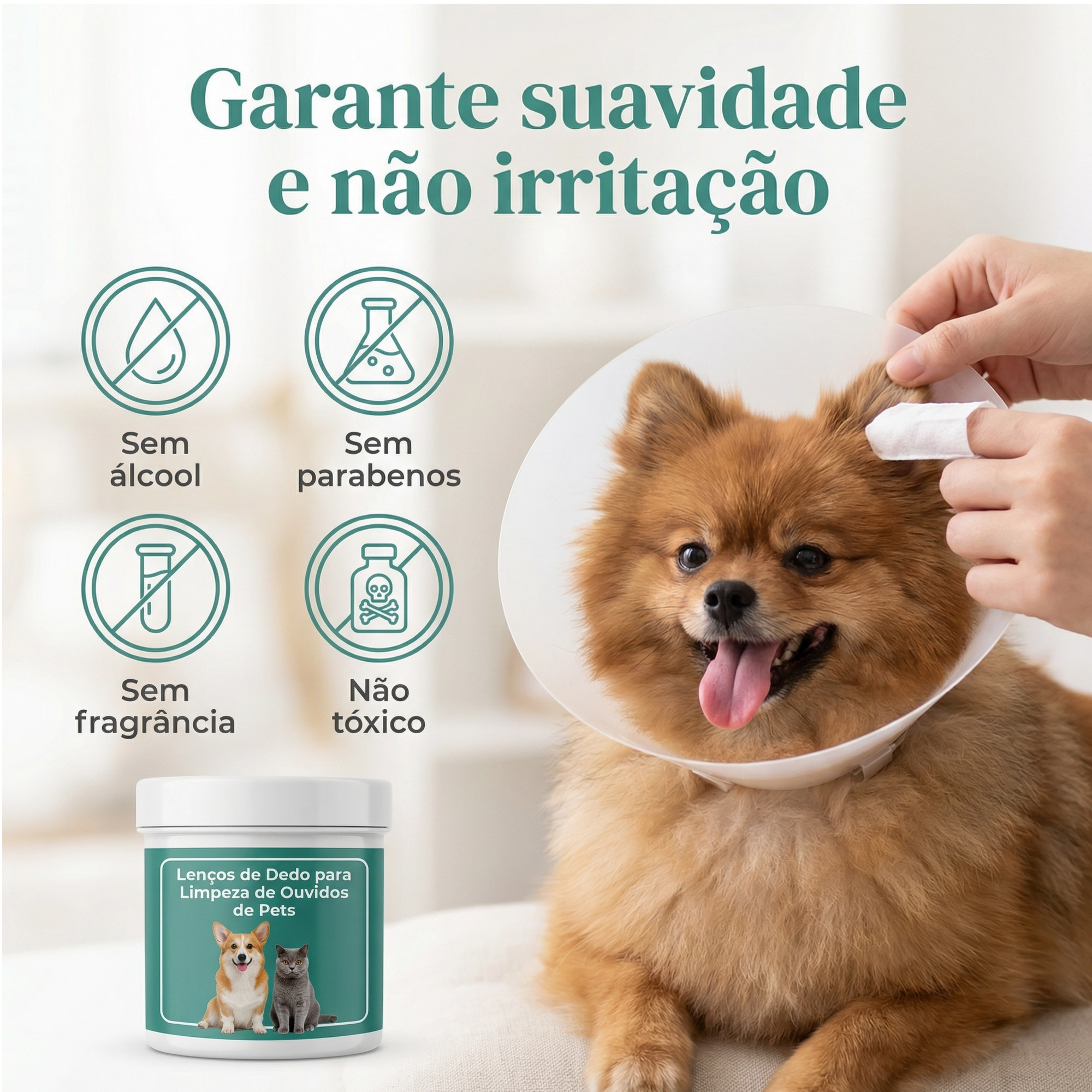 Detalhe do lenço umedecido para limpeza dos ouvidos, textura macia ideal para pets sensíveis