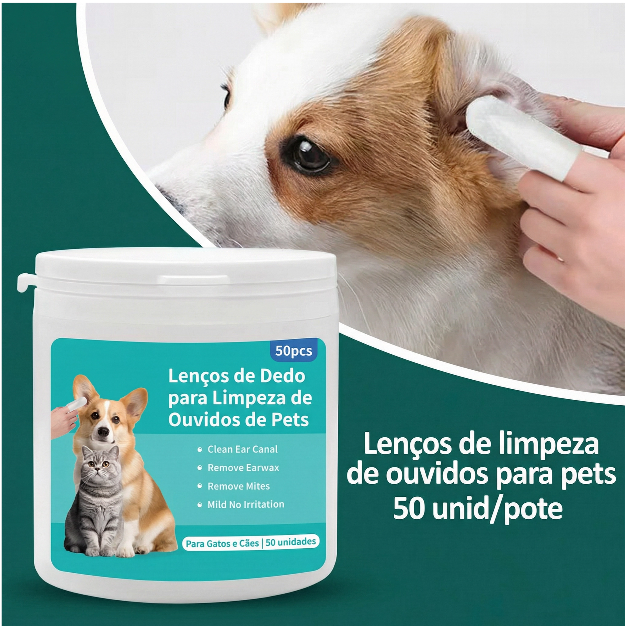 Lenços umedecidos para limpeza dos ouvidos de cães e gatos com embalagem prática e compacta