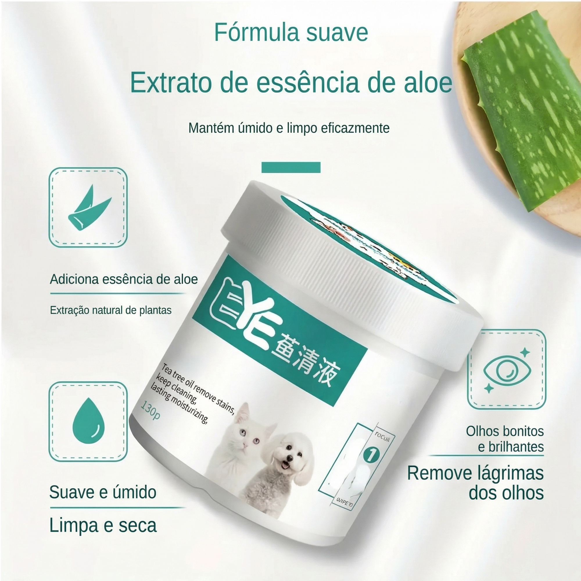 Lenços umedecidos para limpeza dos olhos de cães e gatos com embalagem prática para uso diário