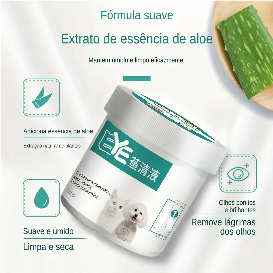 Lenços umedecidos para limpeza dos olhos de cães e gatos com embalagem prática para uso diário