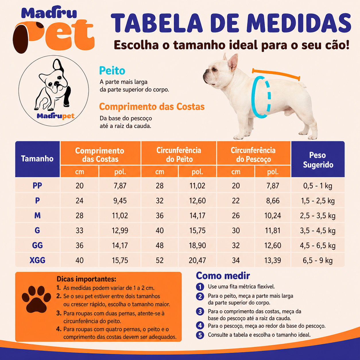 Tabela de medidas do casaco acolchoado para cachorro PP ao XGG — Madrupet
