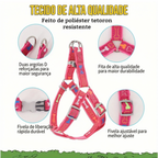 Peitoral ajustável para cachorro com estampa de ossinhos coloridos disponível na Madrupet