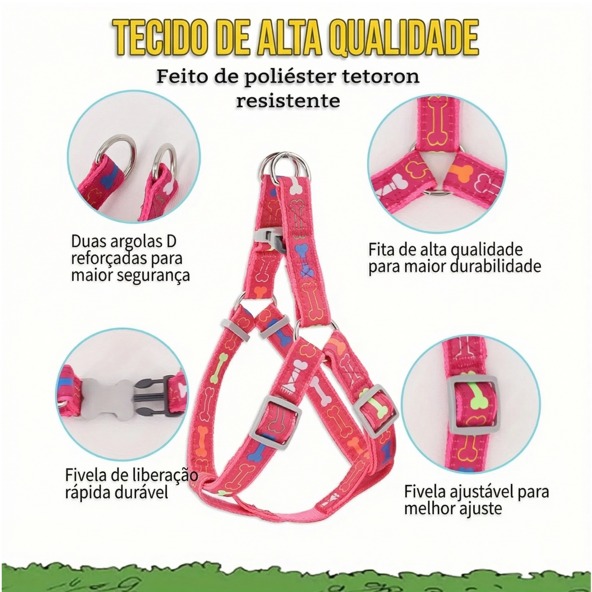 Peitoral ajustável para cachorro com estampa de ossinhos coloridos disponível na Madrupet