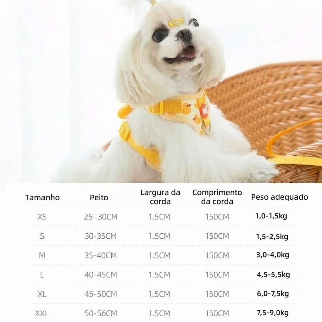 Peitoral ajustável para cachorro com estampa patinho disponível na Madrupet, conforto e segurança para pets