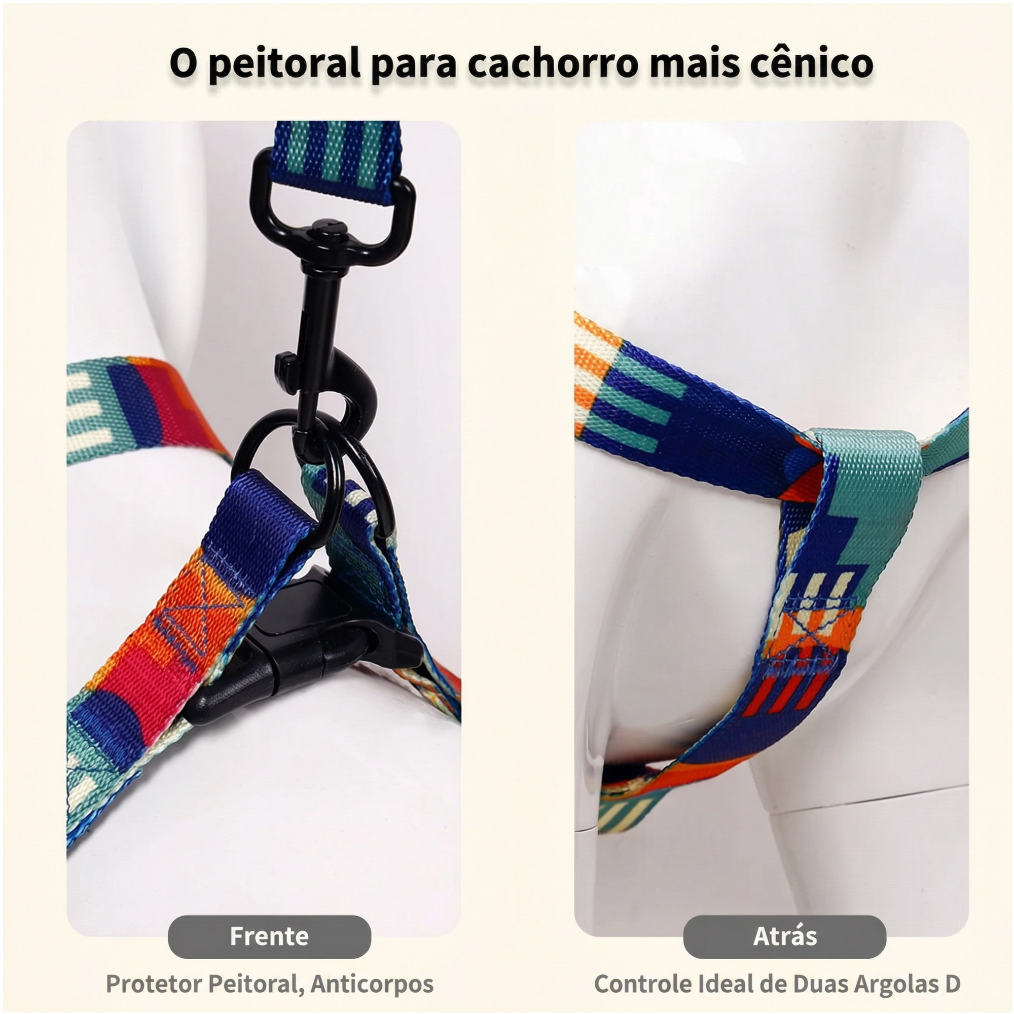 Conjunto peitoral e guia para cachorro estampado ajustável em diferentes tamanhos e cores vibrantes
