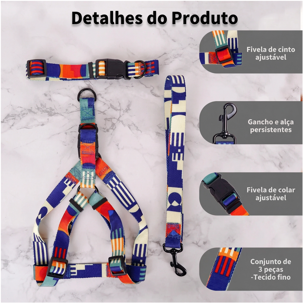 Vista lateral do conjunto peitoral e guia estampado para cachorro com acabamento reforçado Madrupet