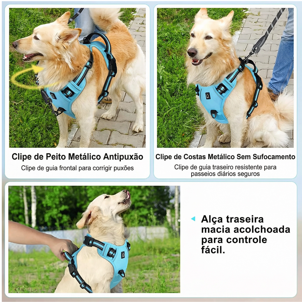 Peitoral anti puxão para cachorro com dupla argola em material resistente e design ergonômico