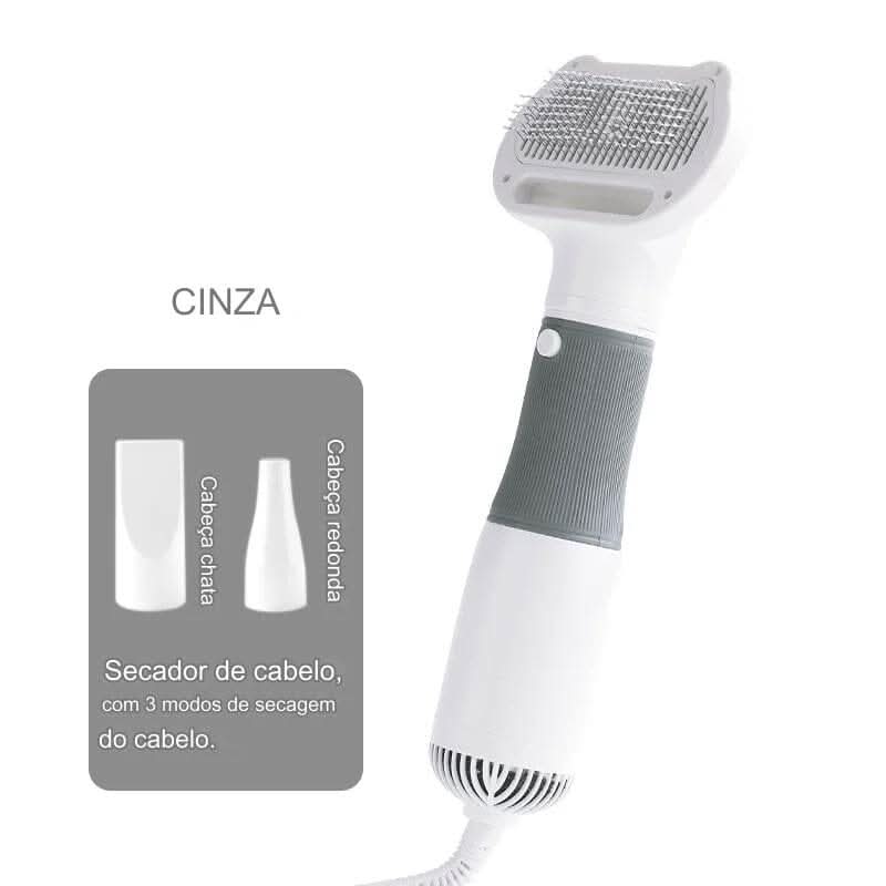 Secador com Escova 3 em 1 para Pets – Seca, Desembaraça e Massageia Secador Para Pet Silencioso 3 em 1 Madrupet Cinza 
