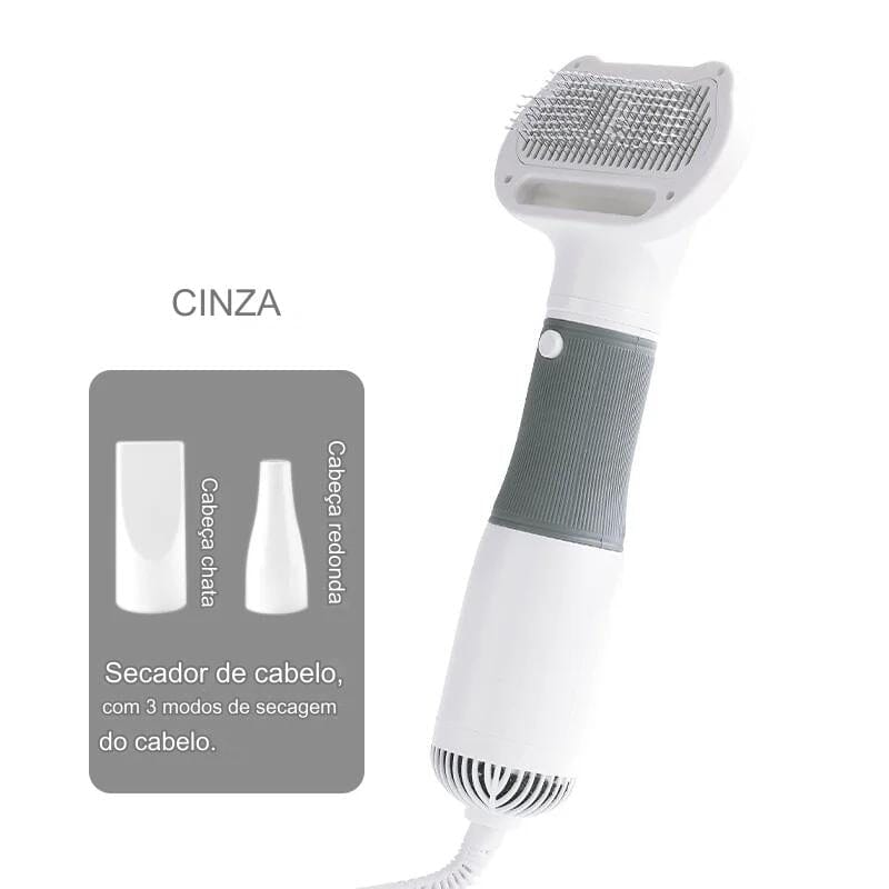 Secador com Escova 3 em 1 para Pets – Seca, Desembaraça e Massageia Secador Para Pet Silencioso 3 em 1 Madrupet Cinza 
