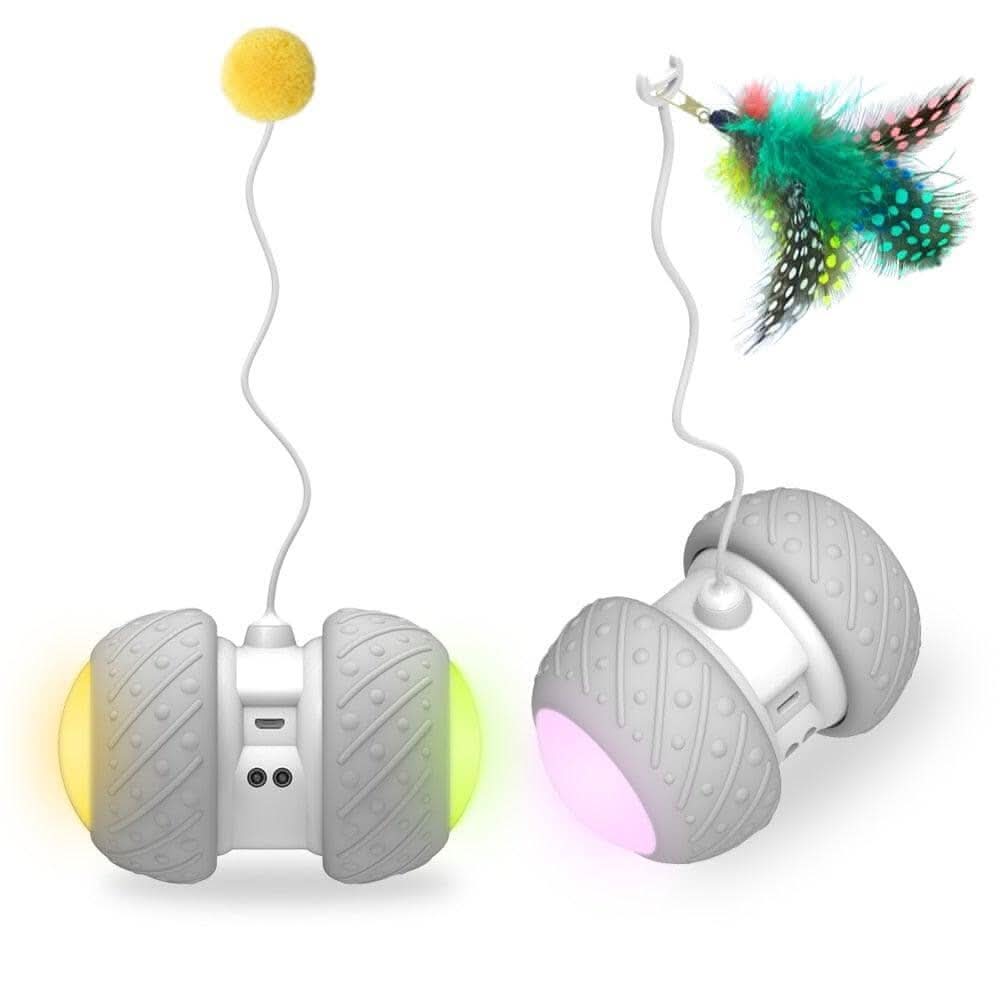 Embalagem do brinquedo eletrônico giratório para gatos Madrupet destacando suas funções interativas
